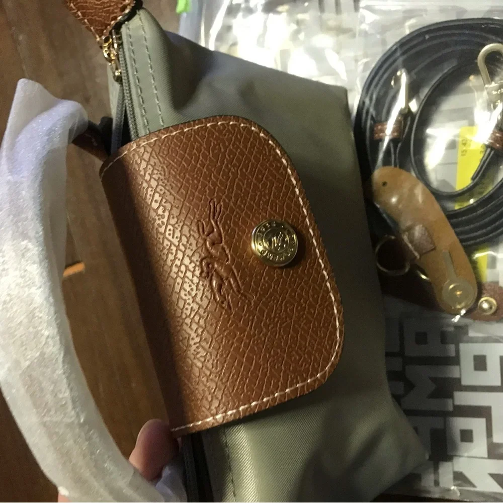 Longchamp Nylon Cosmetic Pouch in Pebble Gray with Brown Flap